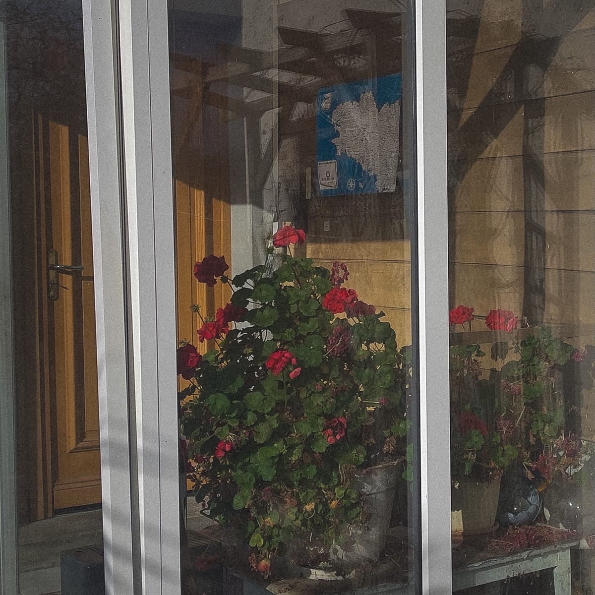 Carte du Finistère visible derrière une vitre, reflet urbain